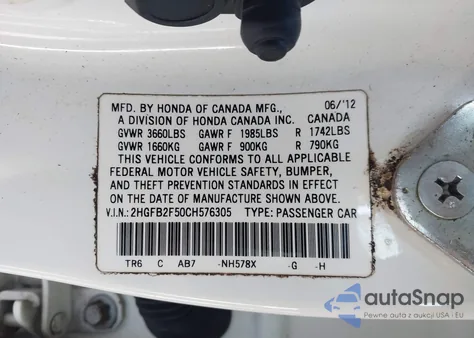 2012 Honda Civic Lx из США, поврежденный, VIN 2HGFB2F50CH576305